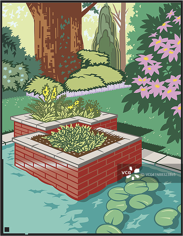 景观庭院与池塘分组元素颜色Illustrator Ver. 5多么美丽的一个可爱的场景。图片素材