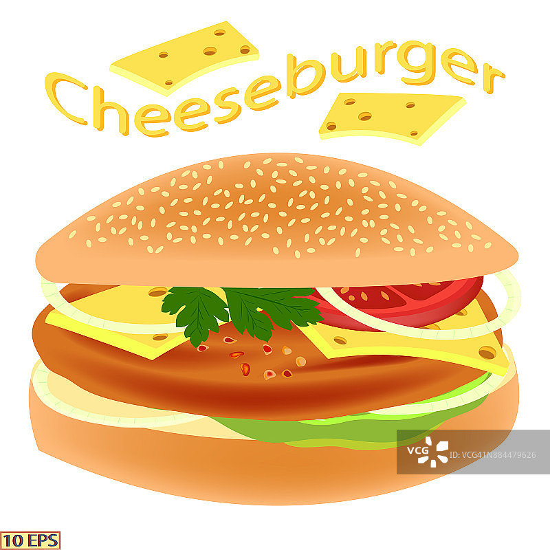 芝士汉堡孤立。三明治。炸肉片夹在小圆面包里。汉堡配黄油，蔬菜，奶酪，西红柿和牛排。快餐。食谱插图，餐厅菜单，厨房内部图片素材