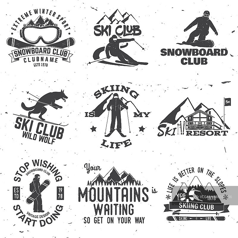 滑雪和滑雪板俱乐部的标志。矢量图图片素材