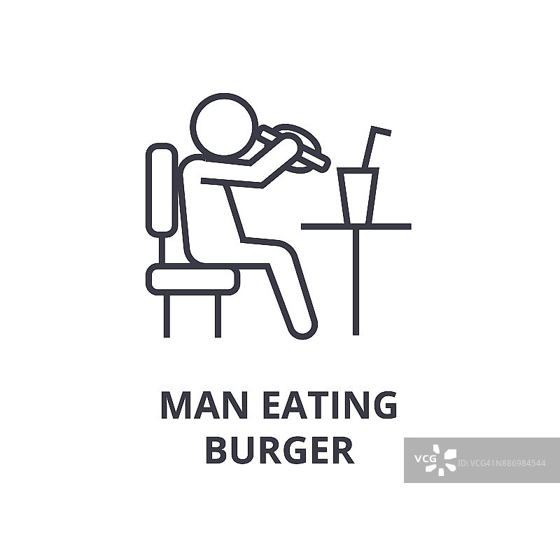 人吃汉堡线图标，轮廓符号，线性符号，矢量，平面插图图片素材