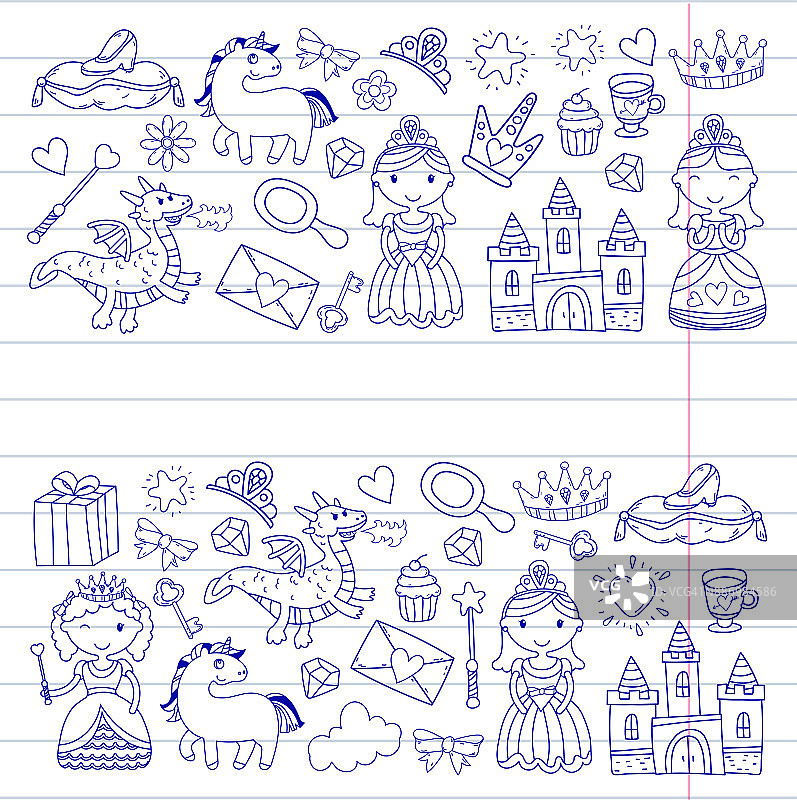 一套涂鸦公主和幻想图标和设计元素的邀请和贺卡。孩子们画的。幼儿园、学前班、学校模式图片素材