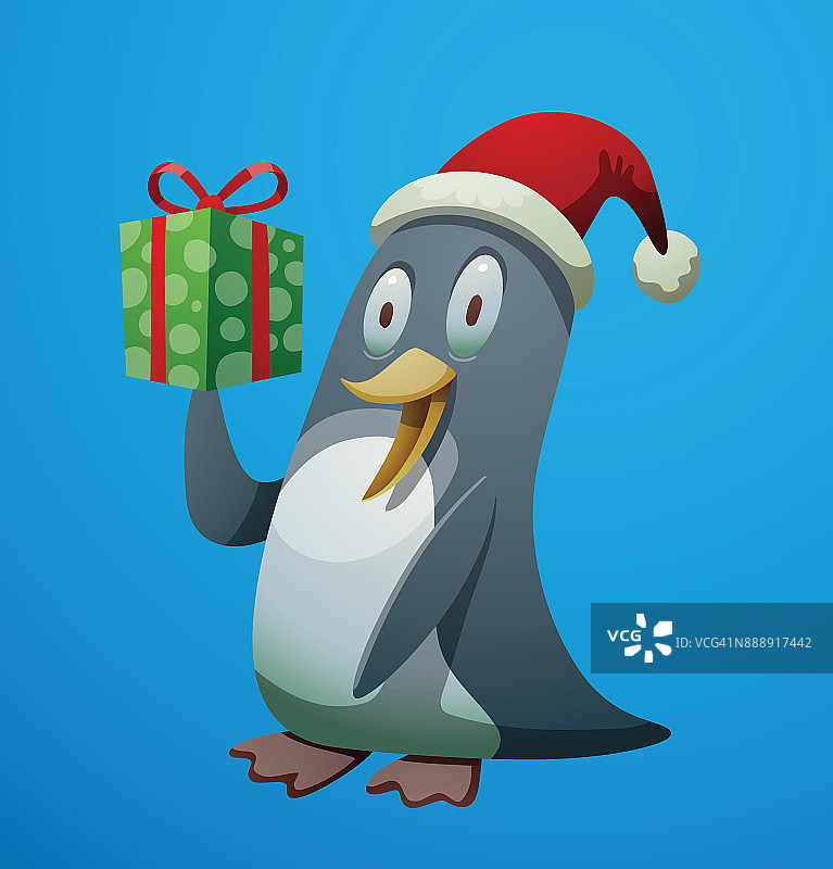 有趣的圣诞企鹅微笑着送绿色的礼物图片素材