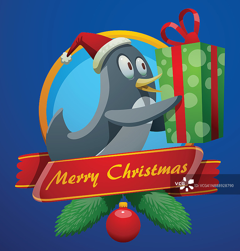 圣诞贺卡，有趣的企鹅奔跑着绿色的礼物图片素材