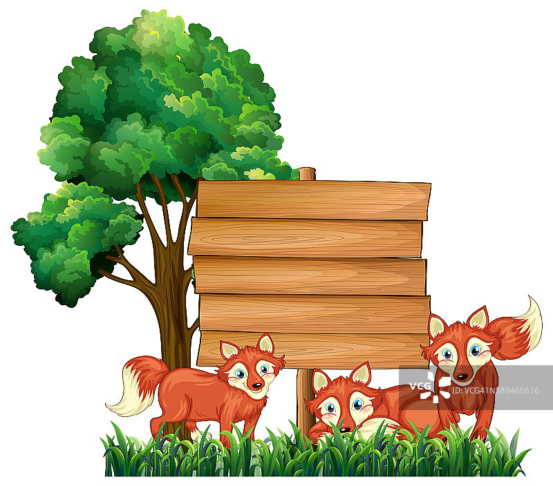 有三只狐狸的木制标志图片素材