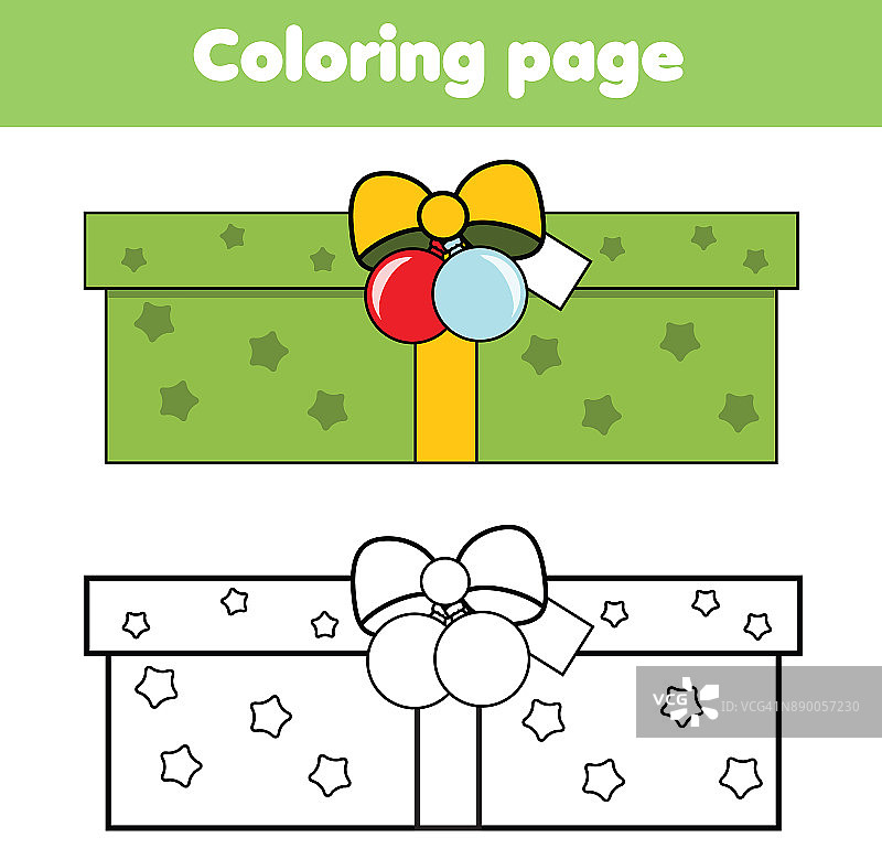 用新年礼盒涂色页。吸引孩子们的游戏。打印活动。圣诞节的主题图片素材