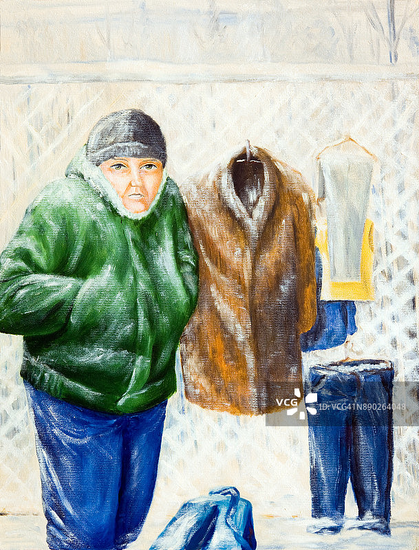 一个街头小贩的肖像。油画。图片素材