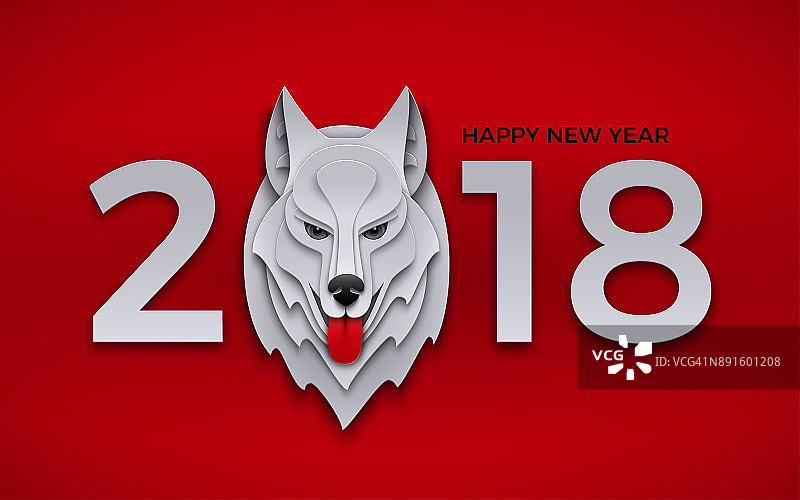 2018年新年贺卡，上面印有狗头，象征新年和祝贺。庆祝红色背景与纸张纹理为您设计，纸张裁剪艺术风格，矢量图片素材