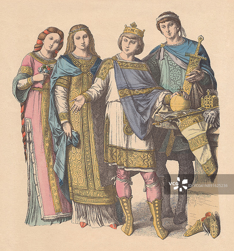 9世纪和10世纪的佛朗哥宫廷服装，大约在1880年出版图片素材