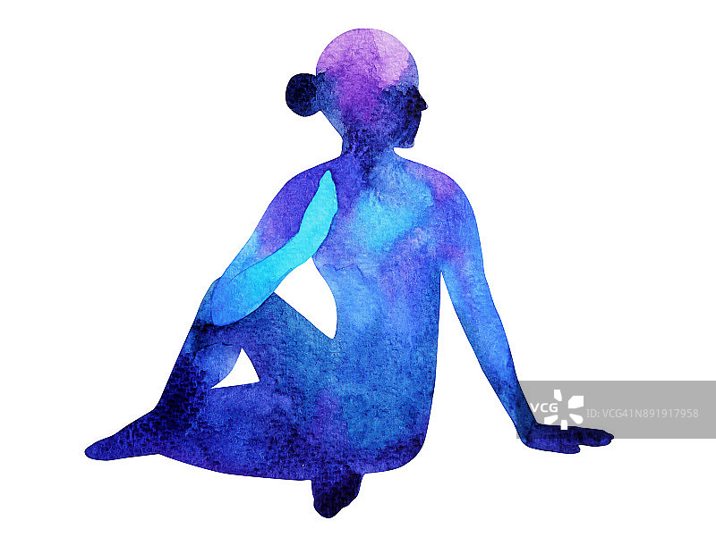 姿势瑜伽，蓝色脉轮水彩画手绘插画设计，(ardha matsyendrasana)图片素材