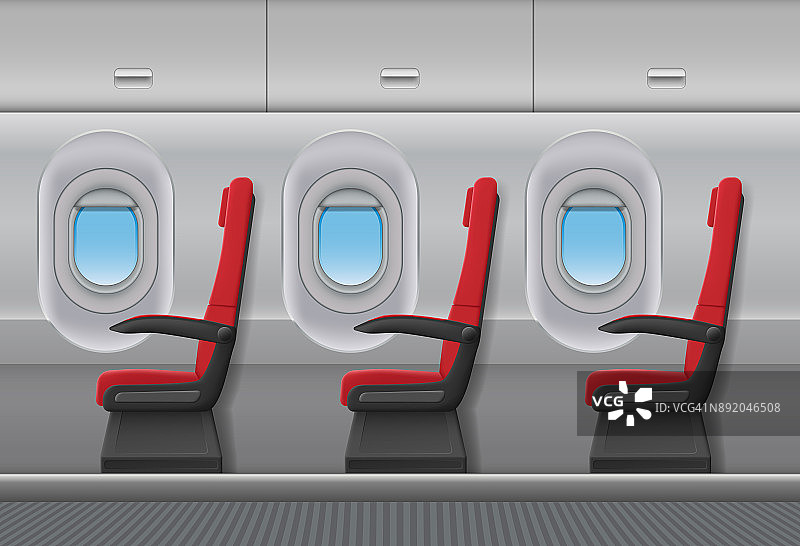 客机红色矢量内部。带有舷窗和座椅的飞机室内客舱。矢量图图片素材