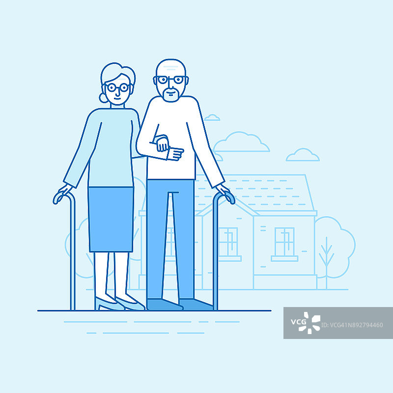 矢量平面线性插图在蓝色-快乐的祖父母图片素材