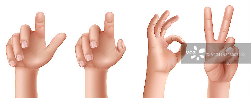 一组手势:举起手指，表示“OK”和表示“胜利”。图片素材