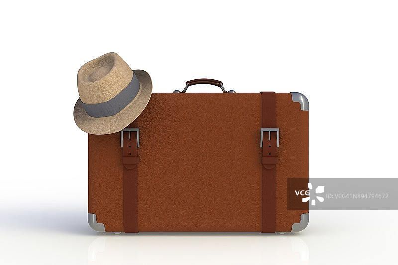 一个带草帽的旅行箱，白色背景，3D渲染图片素材