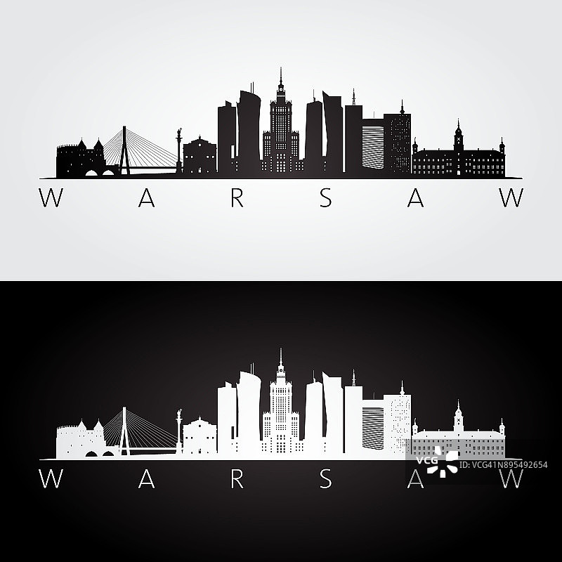 华沙的天际线和地标剪影，黑白设计，矢量插图。图片素材