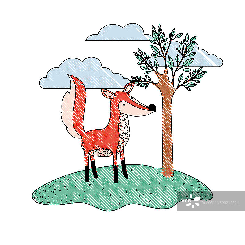 狐狸卡通在户外场景与树和云彩在彩色蜡笔剪影图片素材