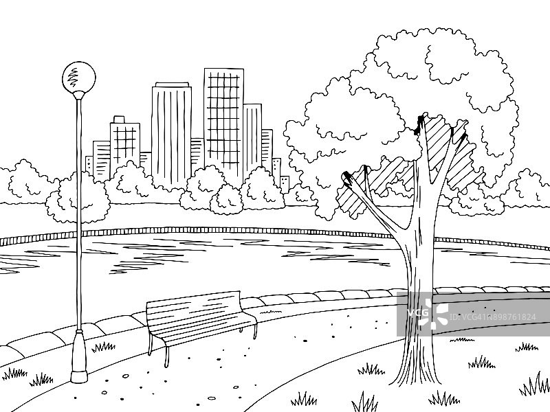 公园河图形黑白景观素描插图矢量图片素材