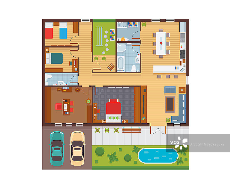 平面现代家庭住宅内部和房间空间平面从俯视图插图图片素材