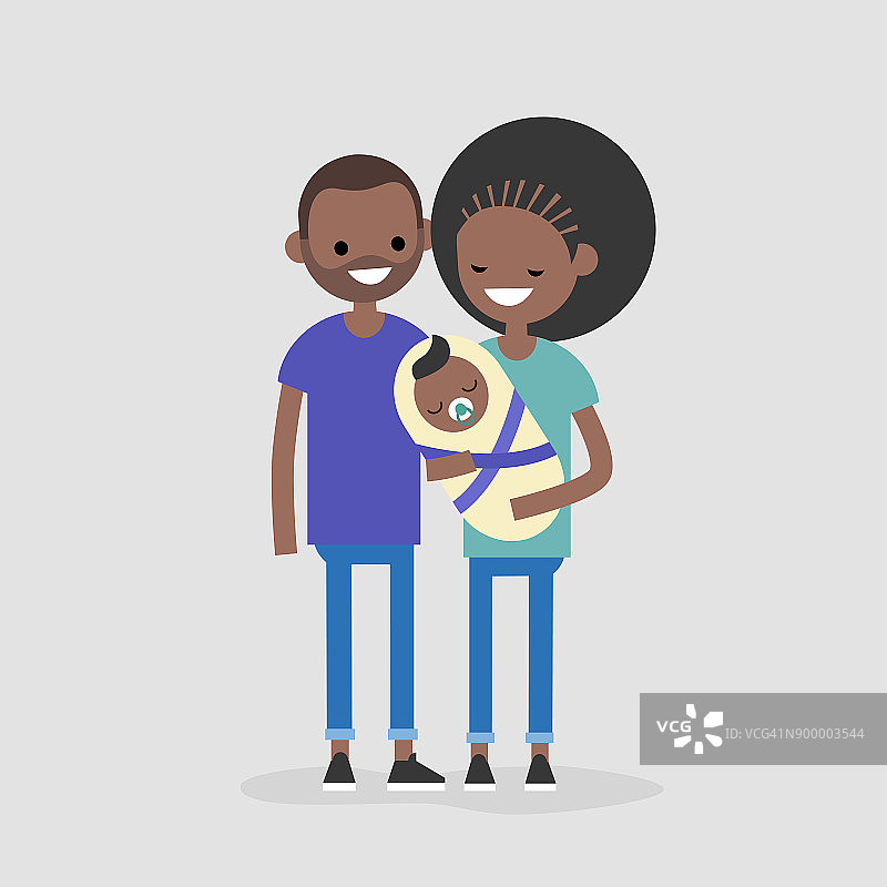 年轻现代黑人家庭观念。母亲，父亲和他们的孩子/平面可编辑矢量插图，剪辑艺术图片素材