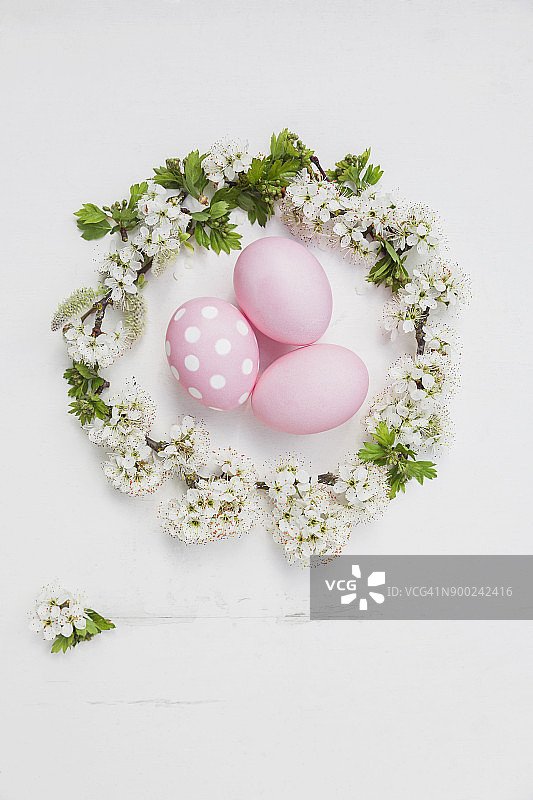 手工染色的粉色复活节彩蛋在樱花窝在木制的背景图片素材