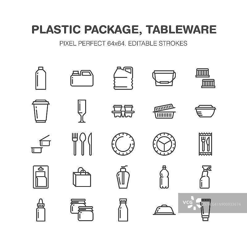 塑料包装，一次性餐具线图标。产品包装，容器，瓶，罐，盘子，餐具。集装箱薄标志店，合成材料商品生产。像素完美64 x64图片素材