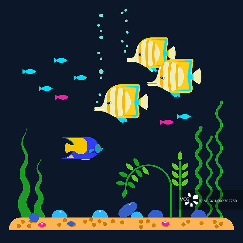 矢量平面插图和水族馆热带鱼的图标集图片素材