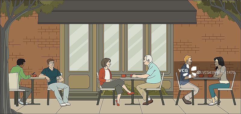 人们坐在咖啡店里。桌子上有情侣的咖啡馆。图片素材