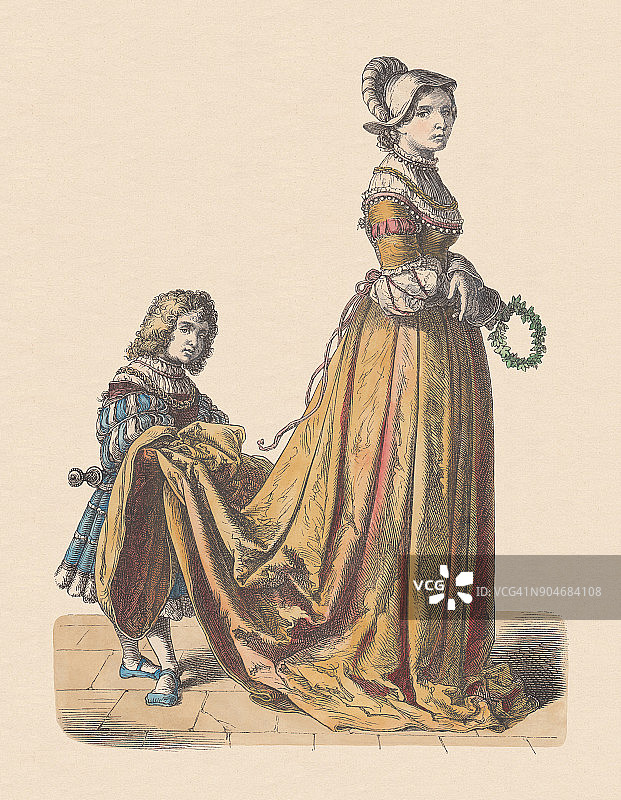 法国贵族和侍女，16世纪，手工彩色木刻，大约1880年出版图片素材