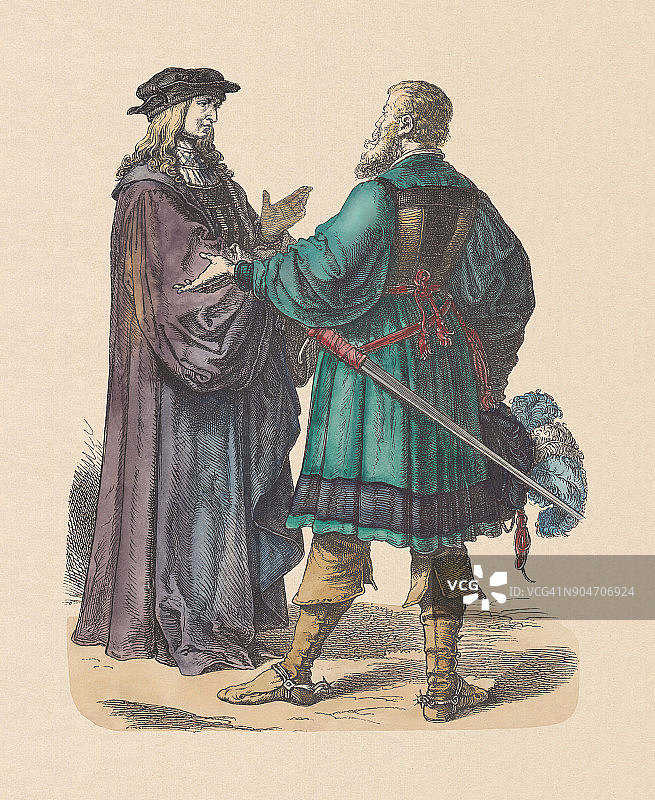 德国法官和骑士，16世纪，手工彩色木刻，大约1880年出版图片素材