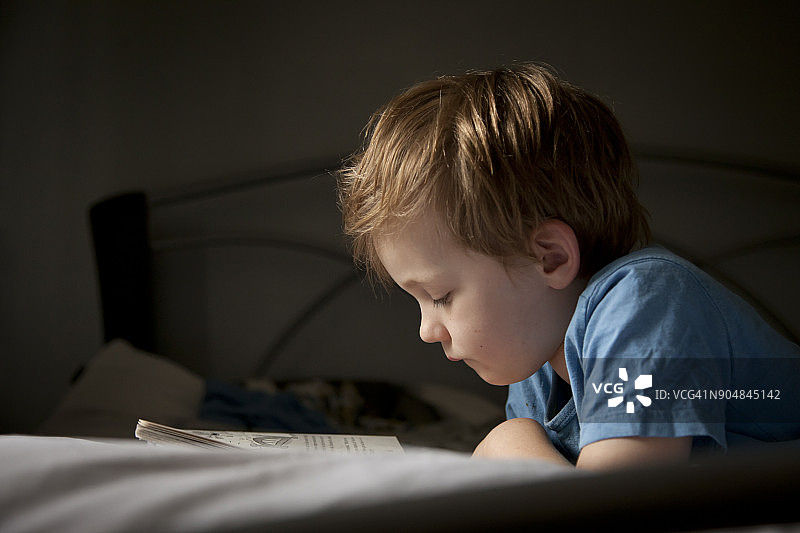 男孩在床上看书图片素材