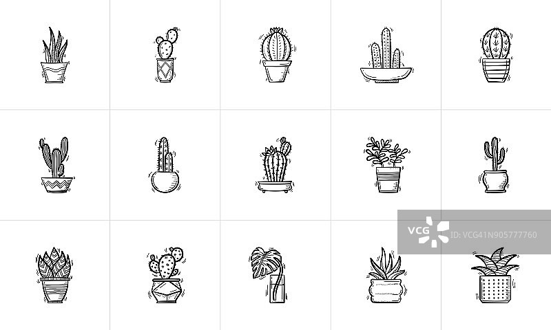 房子盆栽植物和花卉素描图标集图片素材