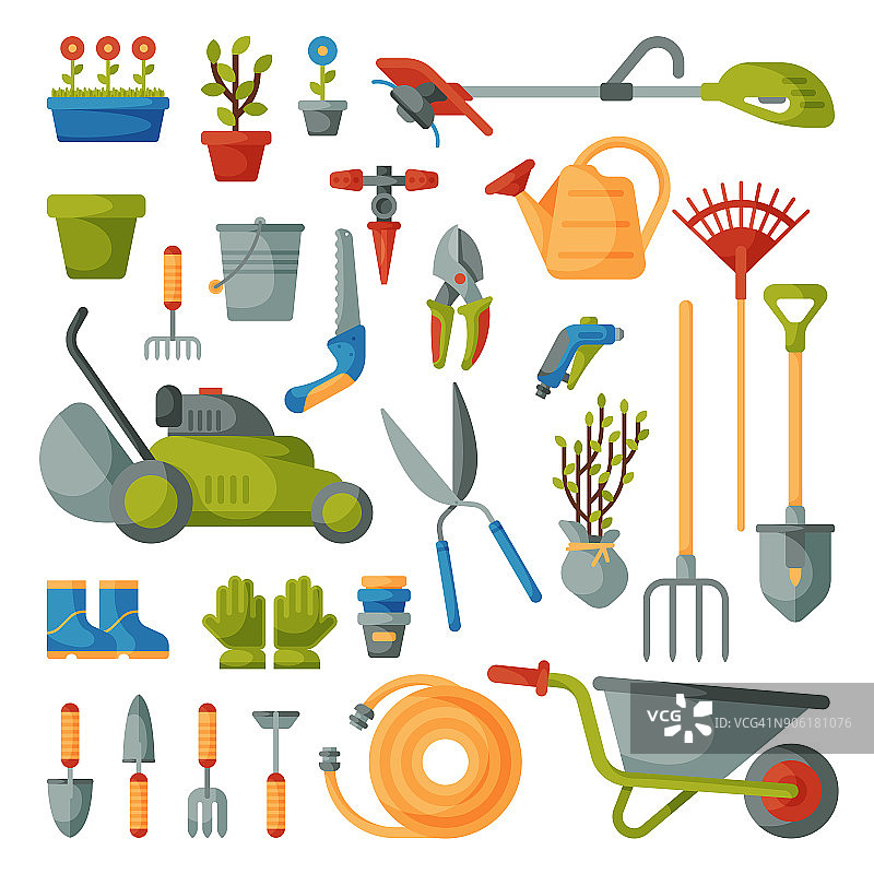 花园工具矢量园艺设备耙或铲和割草机的园丁农场收集或农业设置插图孤立的白色背景图片素材