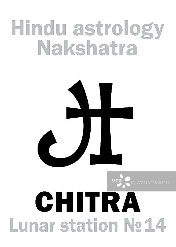 占星字母表:印度教的nakshatra CHITRA(月球站第14号)。象形文字符号(单符号)。图片素材