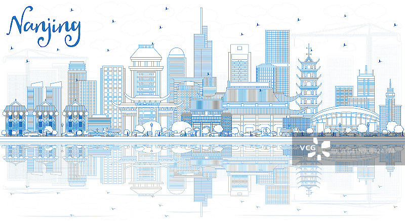 用蓝色建筑勾勒出中国南京城市天际线。图片素材