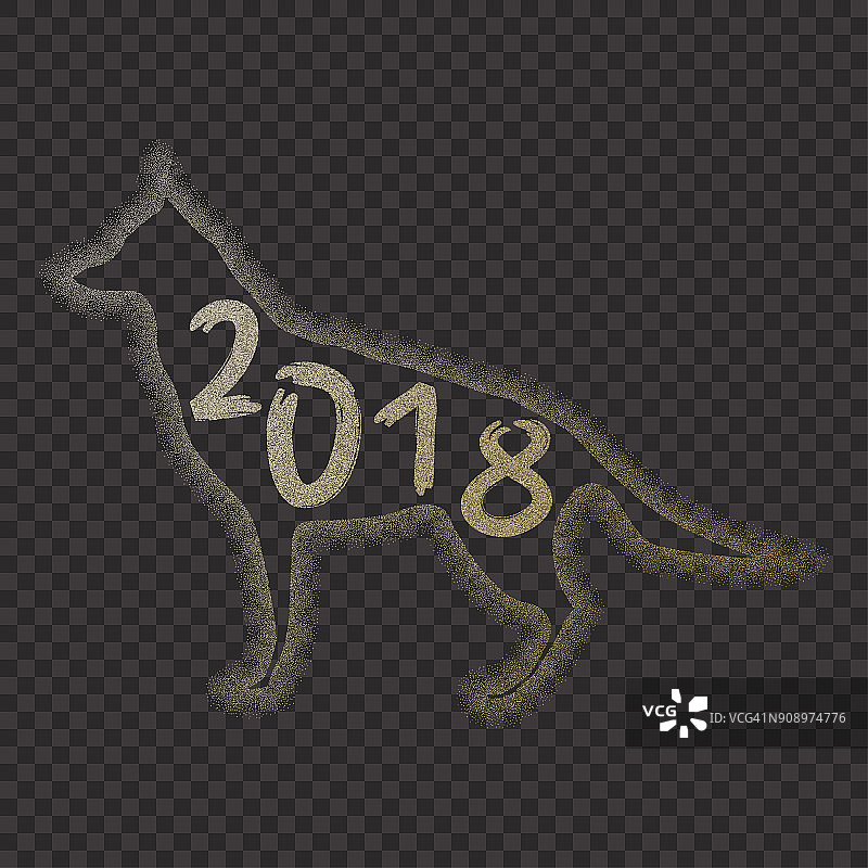 2018年中国新年的黄色狗最小概念与黄金矢量线，闪光，箔纹理，动物剪影，模板日历，海报，横幅，贺卡图片素材