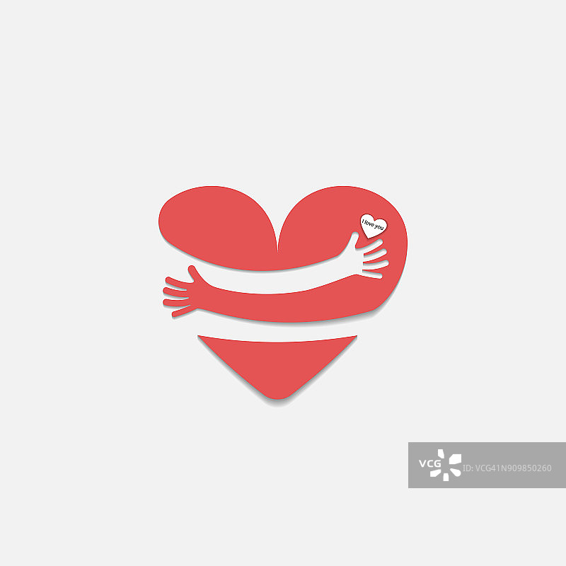 红色的心型与手拥抱。拥抱自己的标志。爱自己的标志。爱和心脏护理图标。情人节快乐。医疗保健理念。矢量图图片素材