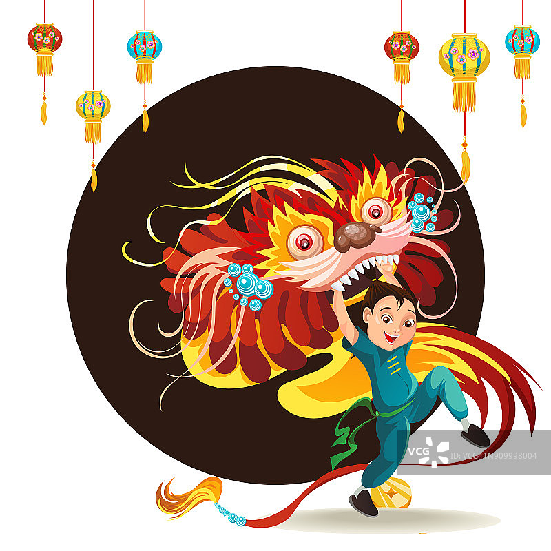 中国农历新年舞狮大战孤立在白色背景下，快乐的舞者在中国传统服装手持五颜六色的龙面具在游行或狂欢节，卡通风格矢量插图图片素材