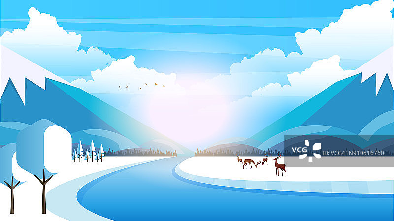 冬季乡村景观背景。矢量插图。图片素材