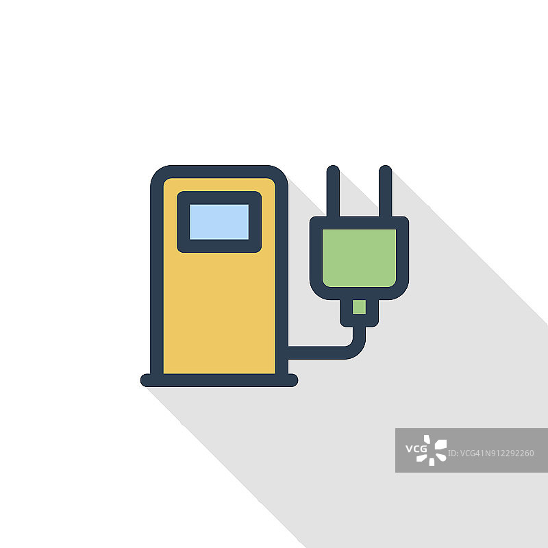 电动汽车充电站，生态细线平色图标。线性向量符号。彩色的长影子设计。图片素材