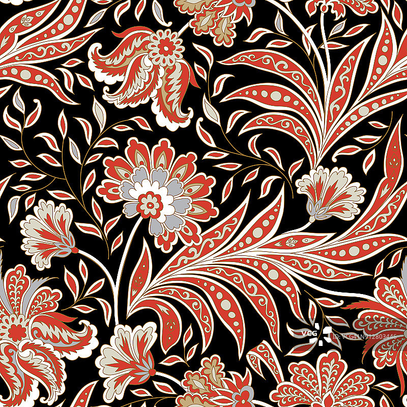 花卉无缝模式。繁荣东方民族背景。用奇异的花朵和叶子装饰。仙境繁荣的印度织物图案。图片素材