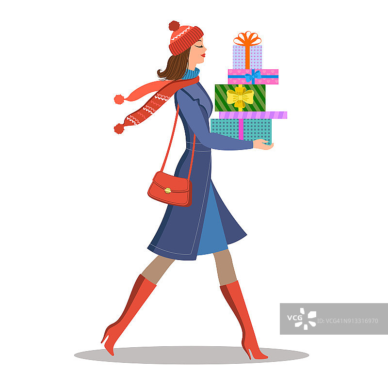 购物的女孩。女人拿着五颜六色的礼盒。销售和购物概念。矢量插图，eps 10。图片素材