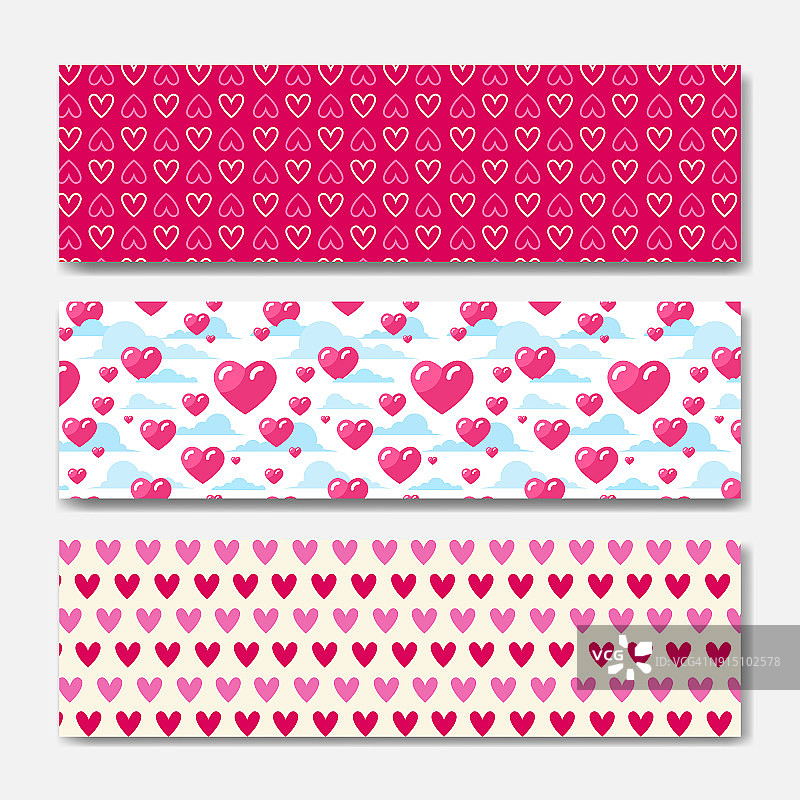 粉红色的心水平横幅设置装饰情人节假日海报或网络背景设计图片素材