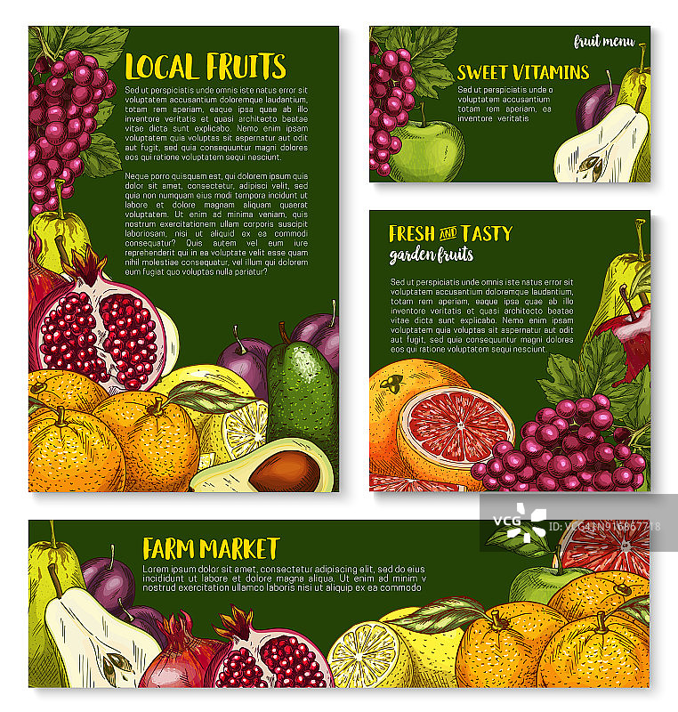 矢量素描水果商店的农场水果横幅图片素材