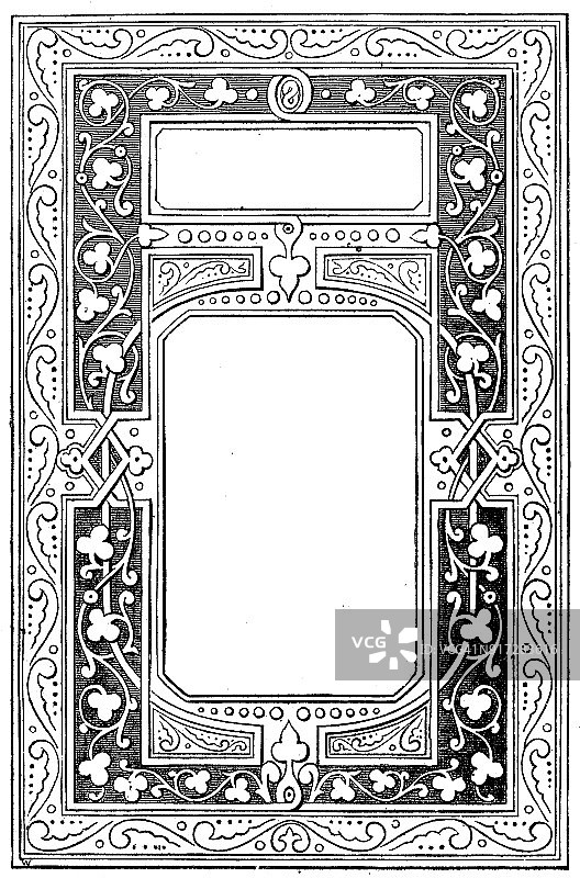 维多利亚黑白照明页框风格1月17日与空文本框;19世纪华丽的书页装饰1866年图片素材
