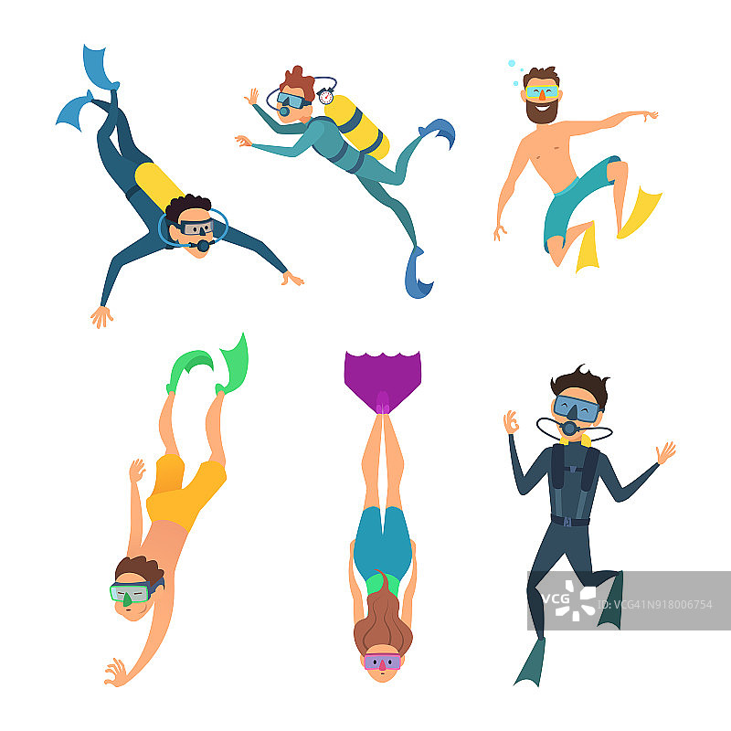 一组卡通人物。水下潜水员图片素材