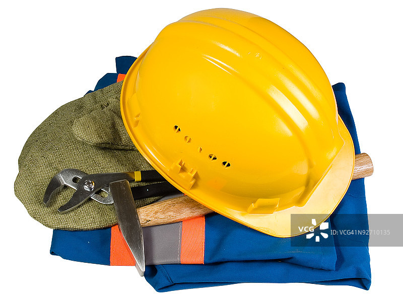黄色的头盔、手套、仪器和工作服图片素材