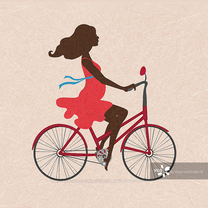 孕妇的剪影在红色自行车上划痕米色背景。图片素材