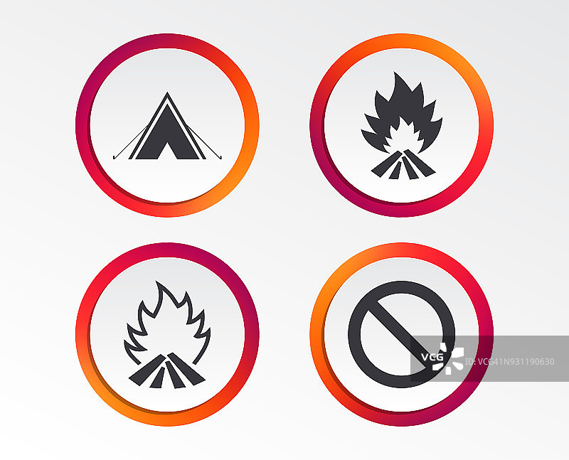 旅游露营帐篷标志。火灾火焰图标。图片素材
