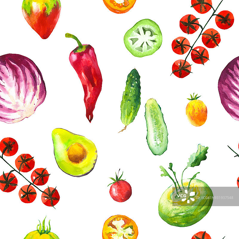 水彩插图与组成农场种植的插图。无缝模式上的白色背景。蔬菜组:土豆，萝卜，番茄，黄瓜，根，洋葱。新鲜的有机食品图片素材