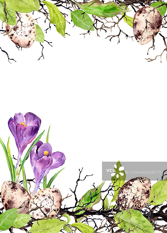 复活节彩蛋，草和粉红色的花。水彩复活节卡片图片素材
