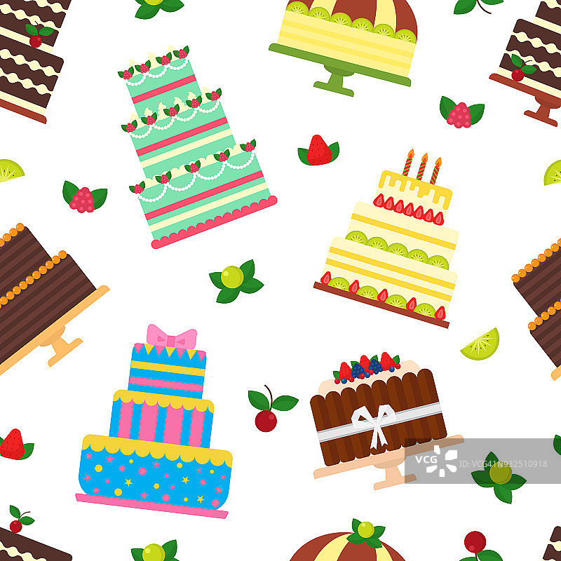生日蛋糕矢量芝士蛋糕纸杯蛋糕为快乐的生日派对烘焙巧克力蛋糕和甜点从面包房设置插图无缝图案背景图片素材